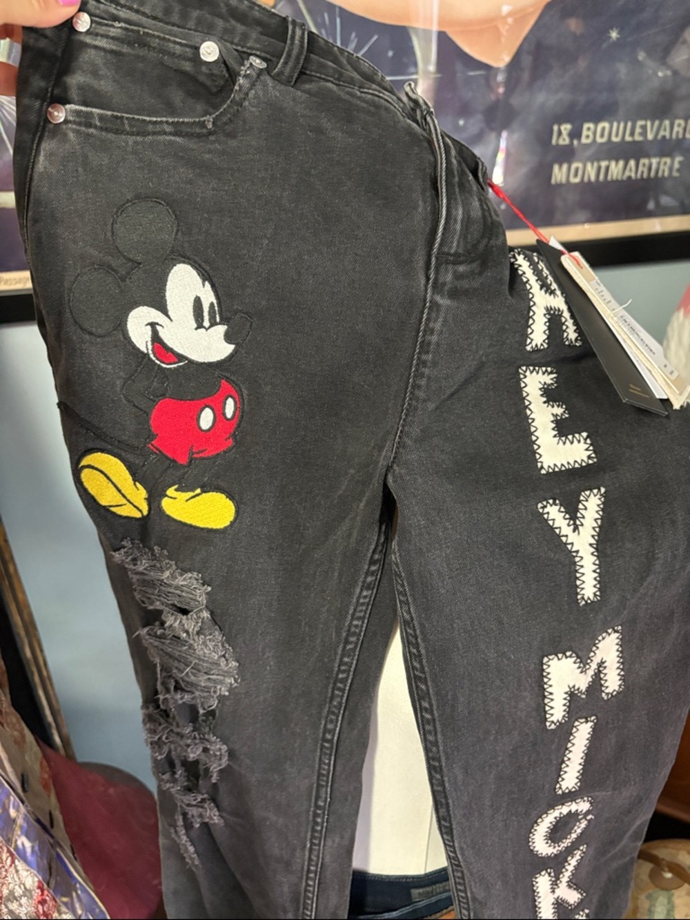Alice + Olivia Black Embroidered Denim Jeans with Mickey Accent